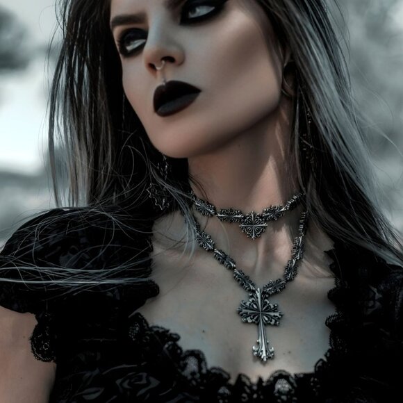 Killstar Amdis Cross Black & Silver Gothic Cross Pendant Necklace w/ Velvet Band - Picture 1 of 5
